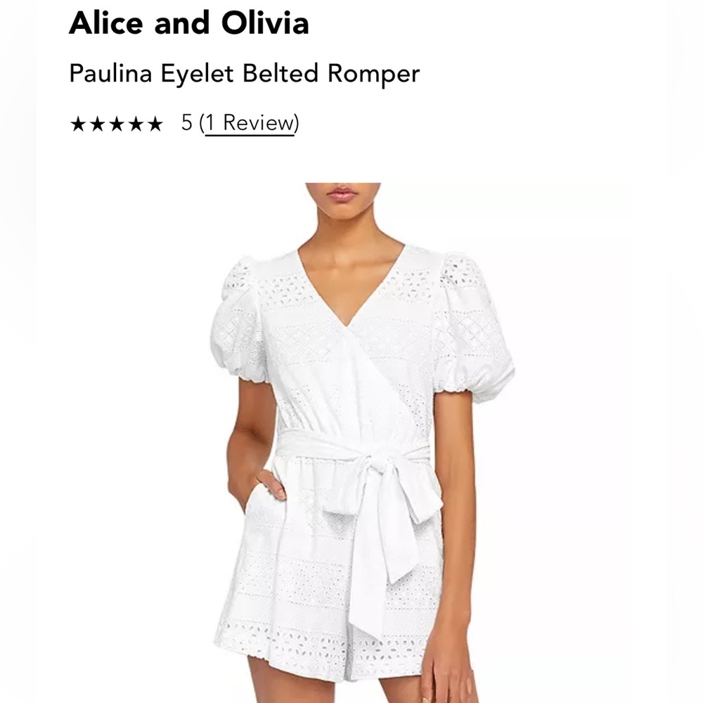REVOLVE Alice + Olivia Paulina Puff Sleeve Eyelet Belted Romper in White